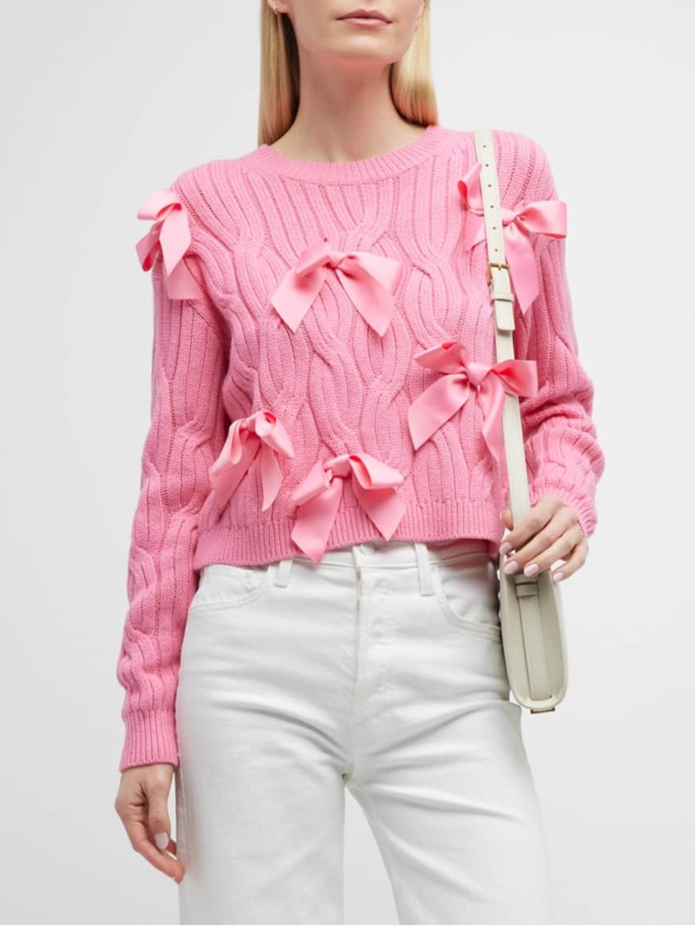 Alice and Olivia Pink Beau Relaxed Fit Bow Detail Cable Sweater Sz S